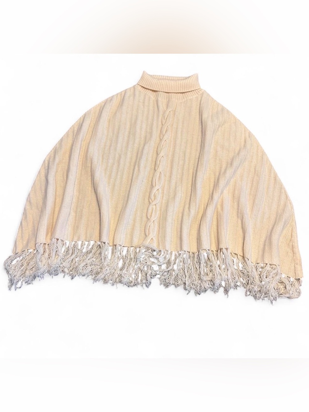 Max Studio 100% Cashmere Cream Cable-Knit Fringe Turtleneck Poncho Boho Chic